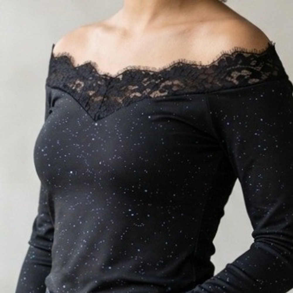 Chicme Black Off the Shoulder Lace Trim Glitter Sparkle Long Sleeve Top Small‎